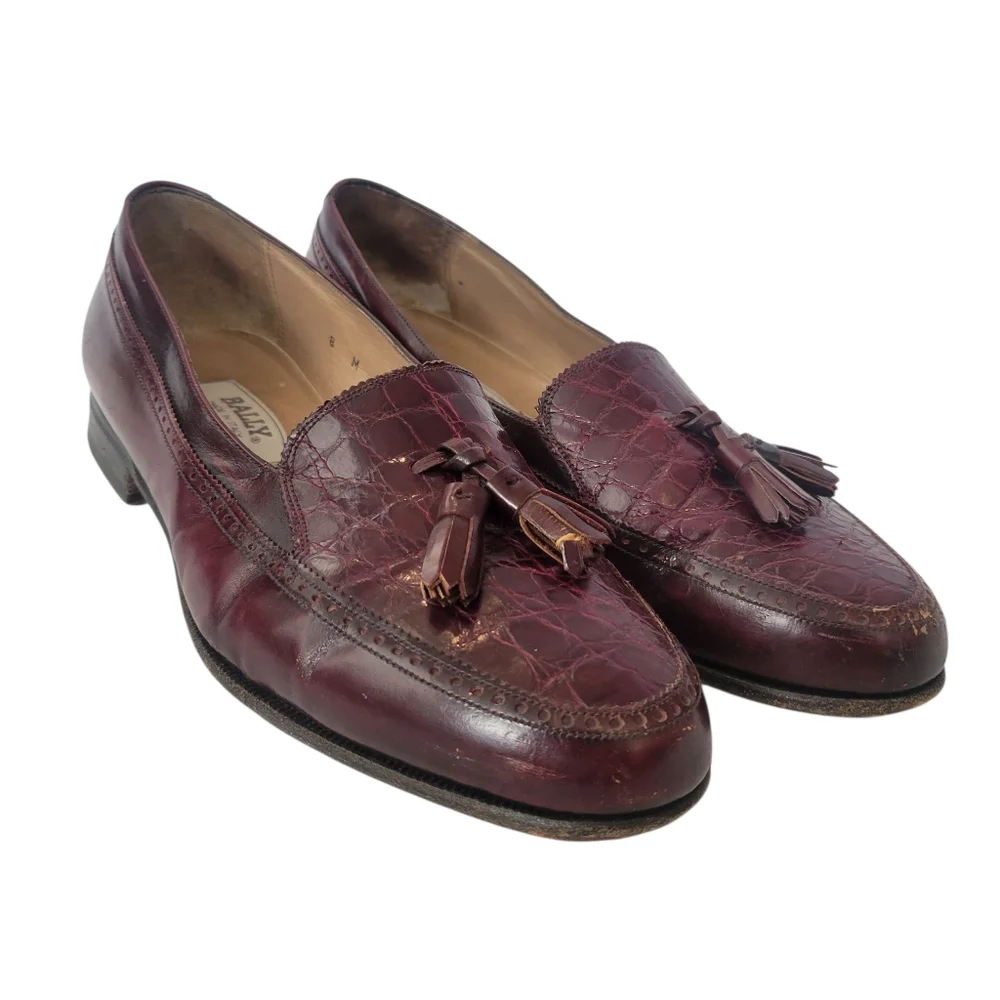 Bally Royce Tassle Crocodile Loafers Size 8M In Burgundy